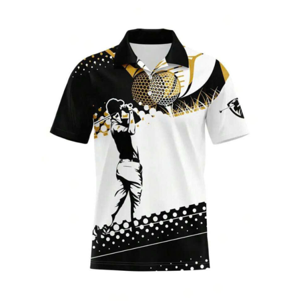 Men’s Black & White Golf Polo Shirt With Golfer Print