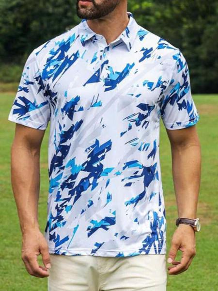 Men’s Blue & White Pattern Golf Polo Shirt 