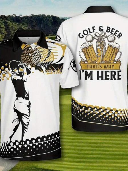 Men’s Black & White Golf Polo Shirt With Golfer Print
