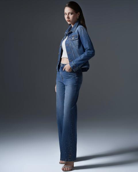 Women denim set with metallic beads