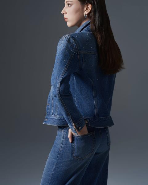 Women denim set with metallic beads