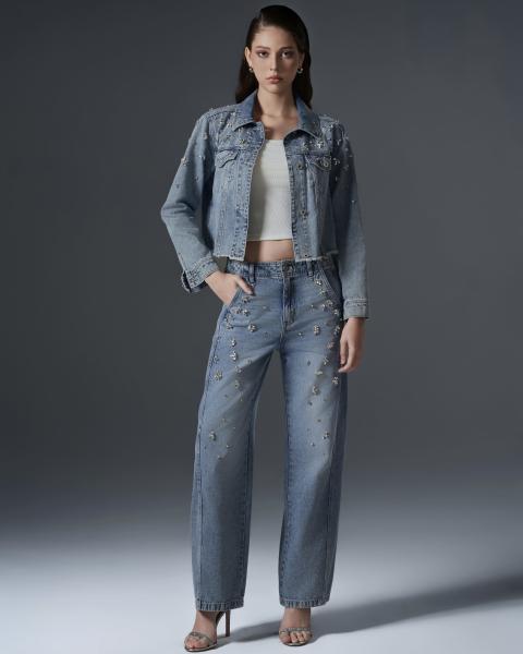 Women’s Denim Set with Metallic Floral Embellishments