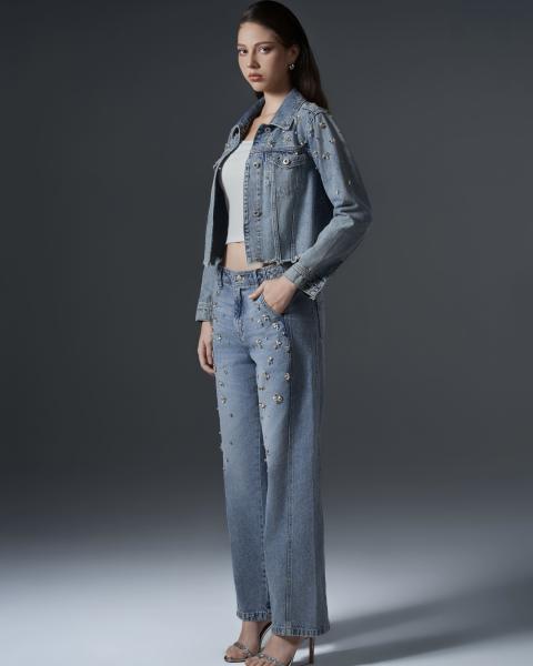 Women’s Denim Set with Metallic Floral Embellishments