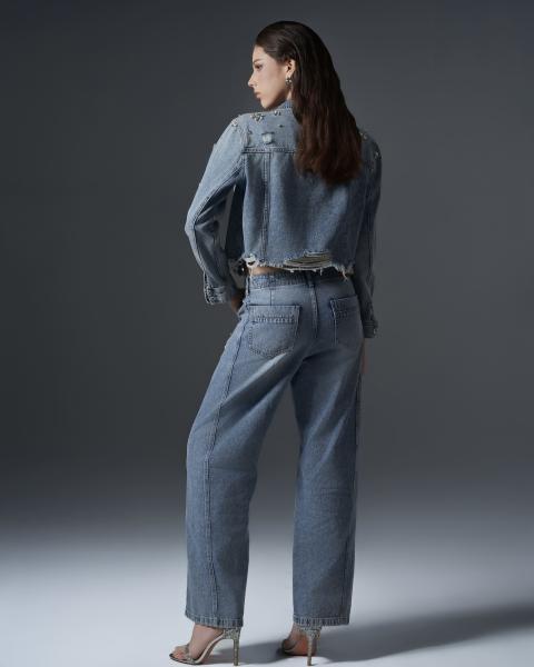 Women’s Denim Set with Metallic Floral Embellishments