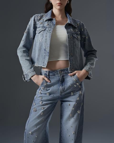 Women’s Denim Set with Metallic Floral Embellishments