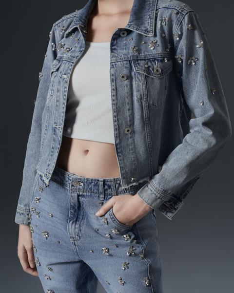 Women’s Denim Set with Metallic Floral Embellishments
