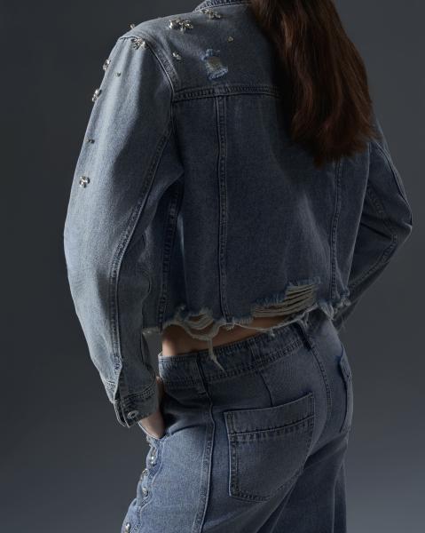 Women’s Denim Set with Metallic Floral Embellishments
