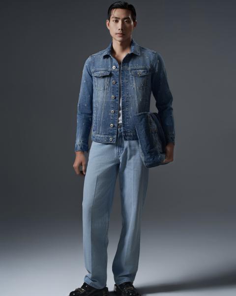 Men’s light-wash denim set with metallic studded detailing