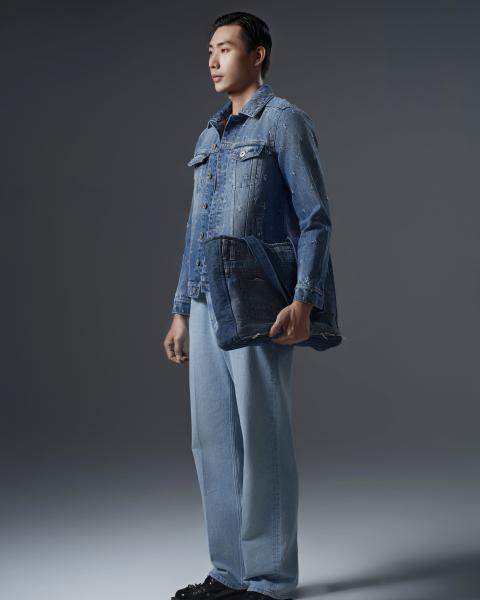 Men’s light-wash denim set with metallic studded detailing