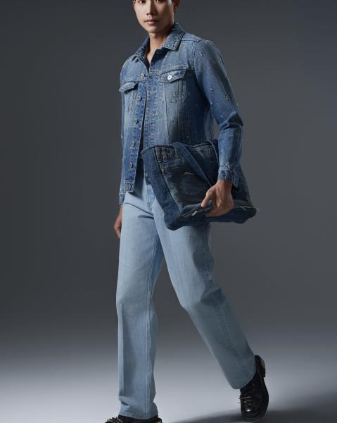 Men’s light-wash denim set with metallic studded detailing