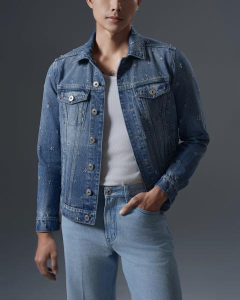 Men’s light-wash denim set with metallic studded detailing